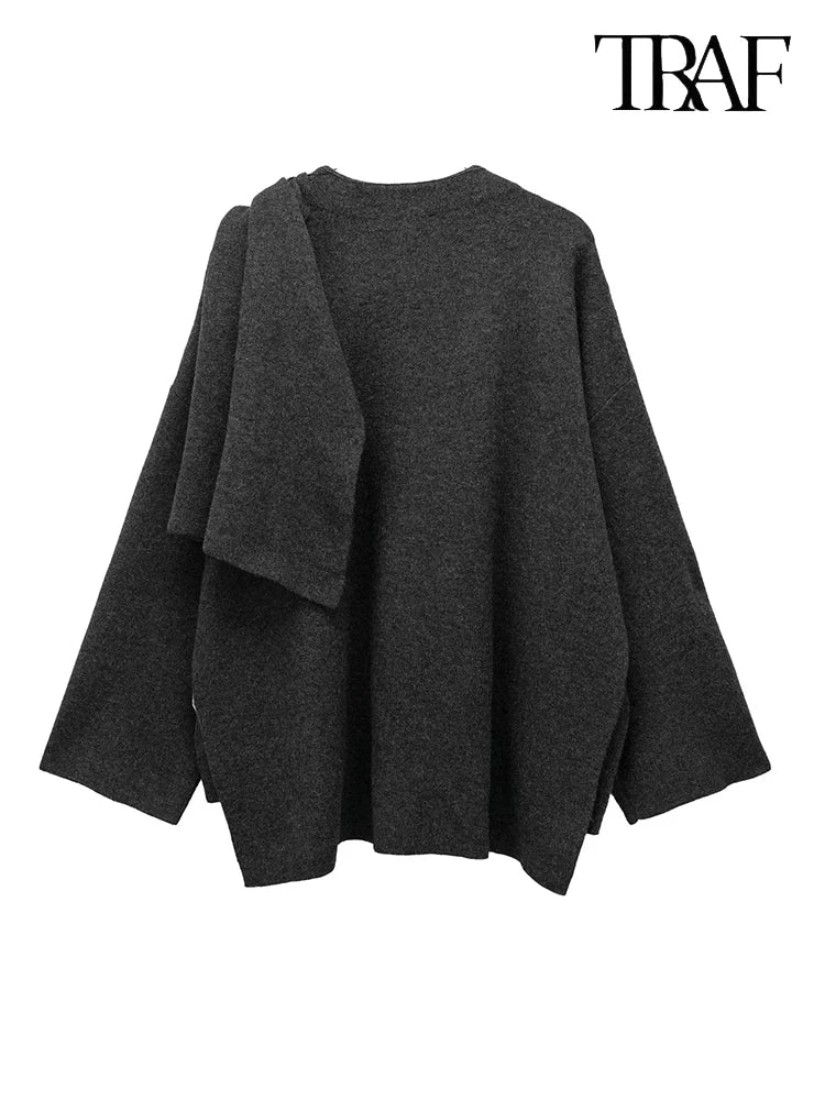 TRAF Women's Fashion Fall/Winter Fashion Asymmetric Scarf Knit Jacket Long Sleeve Split Hem Streetwear Casual Jacket