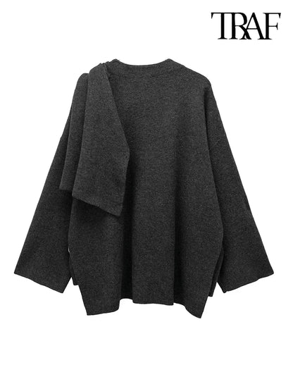 TRAF Women's Fashion Fall/Winter Fashion Asymmetric Scarf Knit Jacket Long Sleeve Split Hem Streetwear Casual Jacket