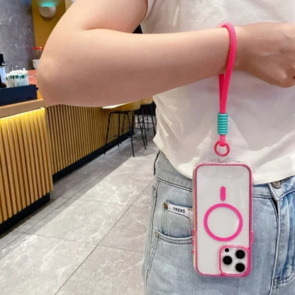 Airbag Shell Magnetic Short Hanging Rope Transparent Magsafe Case for IPhone 16 15 14 13 12 11 Pro Max Plus Shockproof HardCover