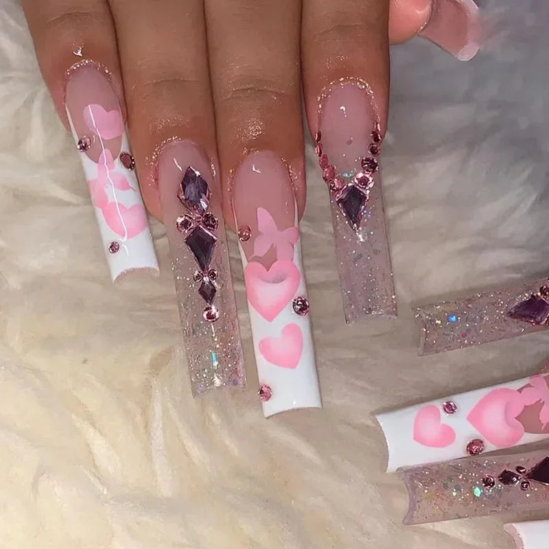 24Pcs Long Square False Nails Simple White French Fake Nails Wearable Ballet Coffin Full Cover Nail Tips Acrylic Press on Nails