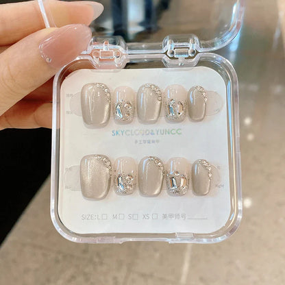 10Pcs Glitter Diamond Short Handmade Press On Nails Full Cover Irregular Rhinestone Design Cat Eye Ballet Fake Nails Manicure