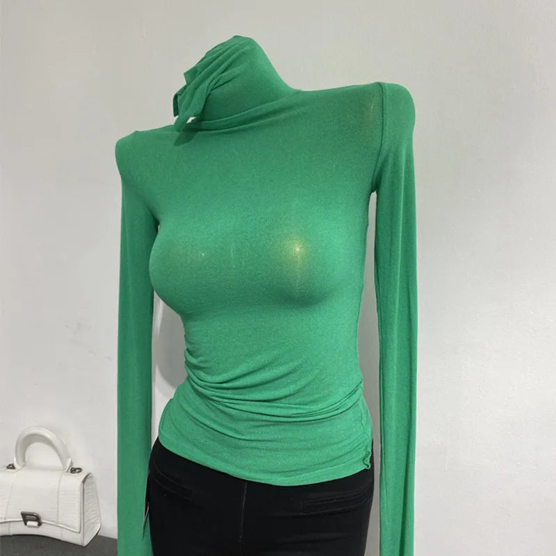 Korean style standing collar long sleeved T-shirt, high collar bottom shirt, women's slim fit slightly transparent top