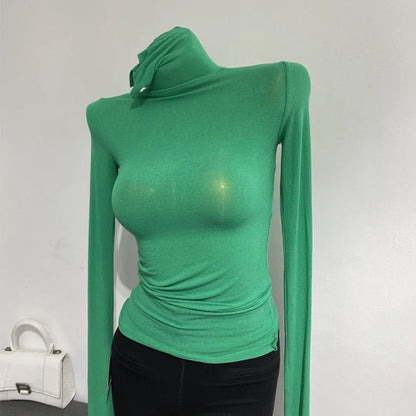 Korean style standing collar long sleeved T-shirt, high collar bottom shirt, women's slim fit slightly transparent top