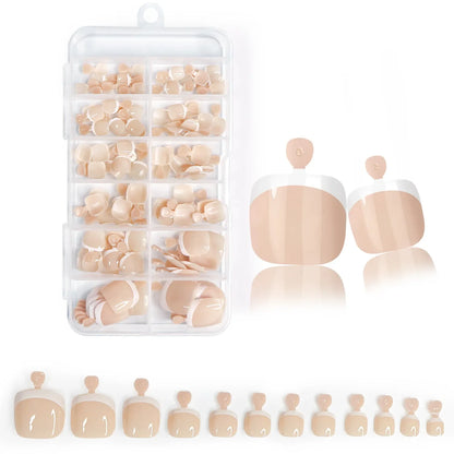 120Pcs Glossy Nude Pink French Press-On-Toenail Set 1*Box Short French Square  Fake Toe Nails Solid-Color Manicure Toenails Tips