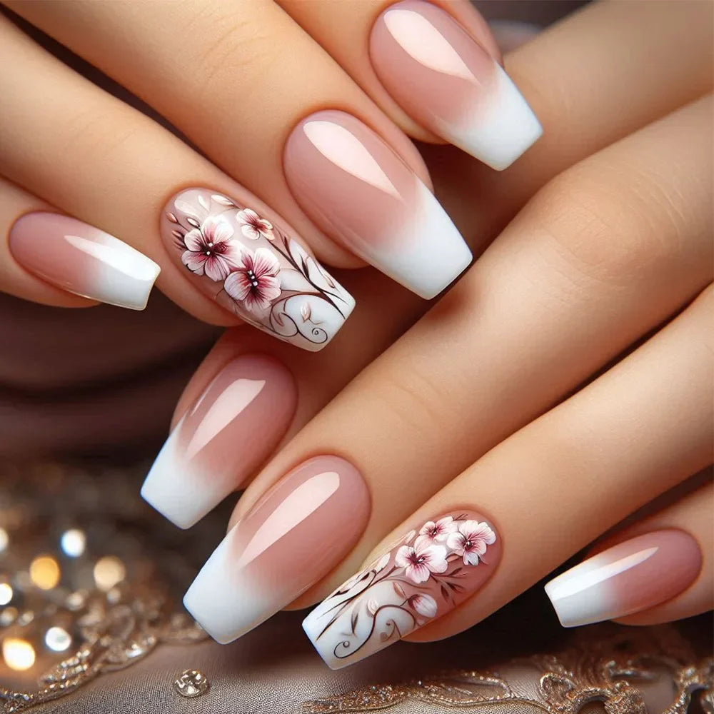 24pcs Golden Stripe Press on Nails Shiny Powder Love Design Long Square False Nails Wearable Full Cover Nail Tips Blue Fake Nail
