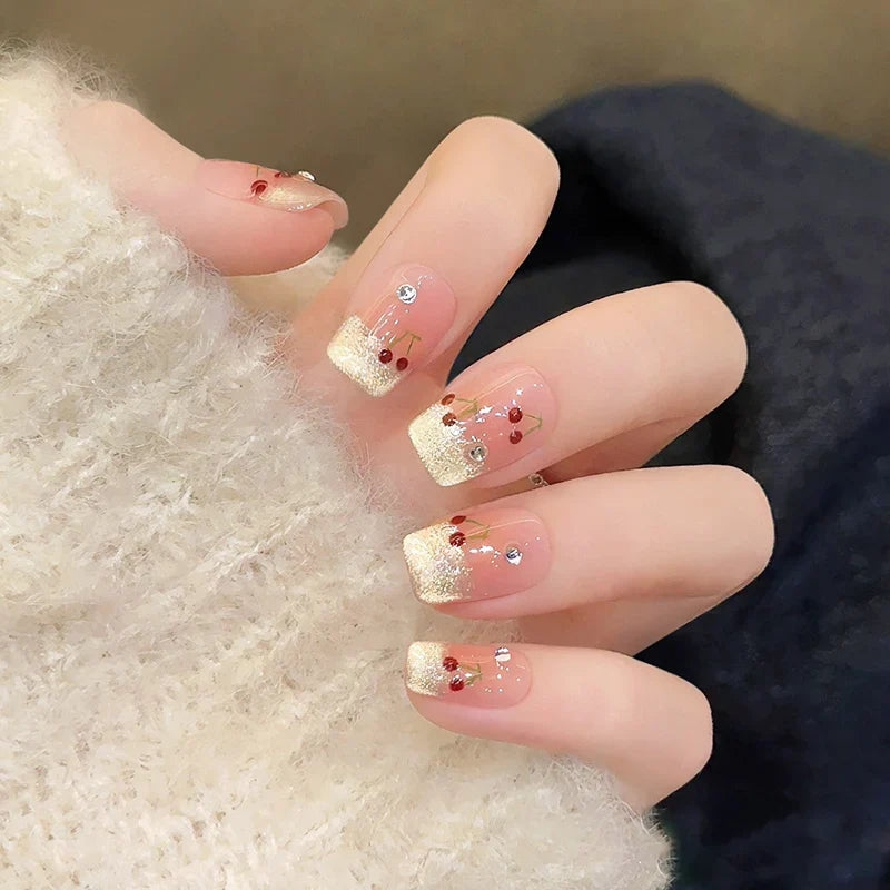 10Pcs French Cat Eye Square Handmade Press on Nail Fake Nails with Cherry Pattern Handmade Wearable False Nail Uñas Postizas 네일팁