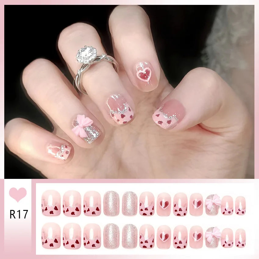 24pcs Bowknots Love Heart Pattern Press On Nails Cute Fresh Short Round French Style False Nails Korean Sweet Wearable Fake Nail