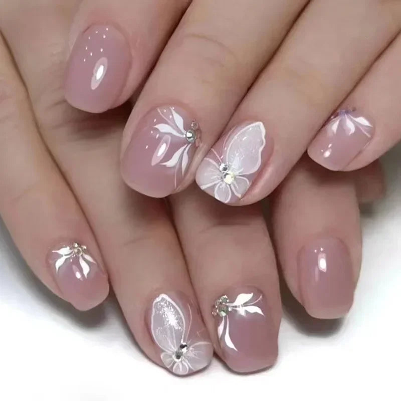 24PCS Shiny Pearl Wearable False Nails Short Square Fake Nail Simple Press on Nails Detachable Full Cover Nail Tips With Glue