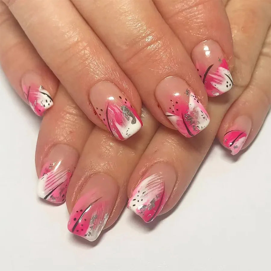 24pcs Sweet Cool False Nails Gradient French Fake Nail Tips with Purple Flowers Design Short Square Press on Nails Colorful Nail