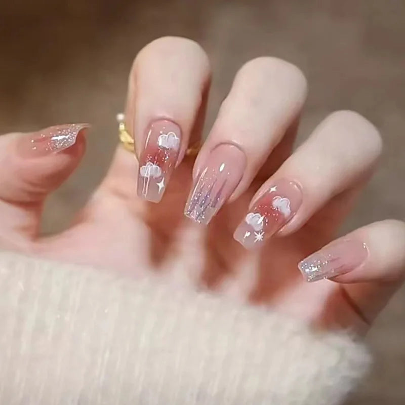 24Pcs Glitter Diamond Press On Nails Sweet Cute Girl Acrylic Nails Full Cover Short Square Fake Nails Wearable Manicure Nail Tip