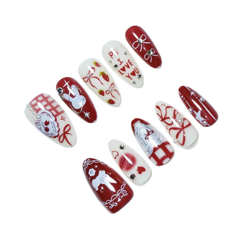 30Pcs Butterfly Cartoon Rabbit Press on Nails Medium Almond Fake Wine Red Almond Rhinestone Pearl Design DIY Fingernails Y2K