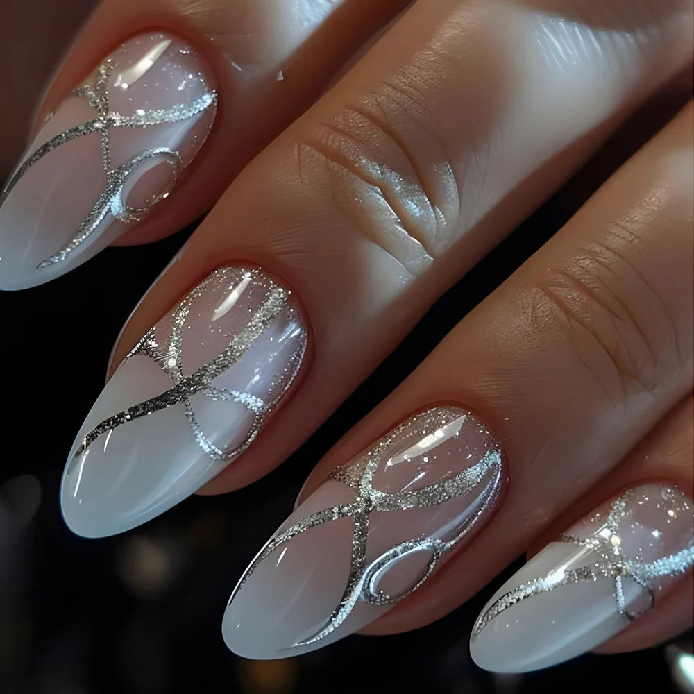 24Pcs White Almond False Nails Ballet with French Design Wearable Fake Nails Gradient Simple Full Cover Press on Nail Tips Art