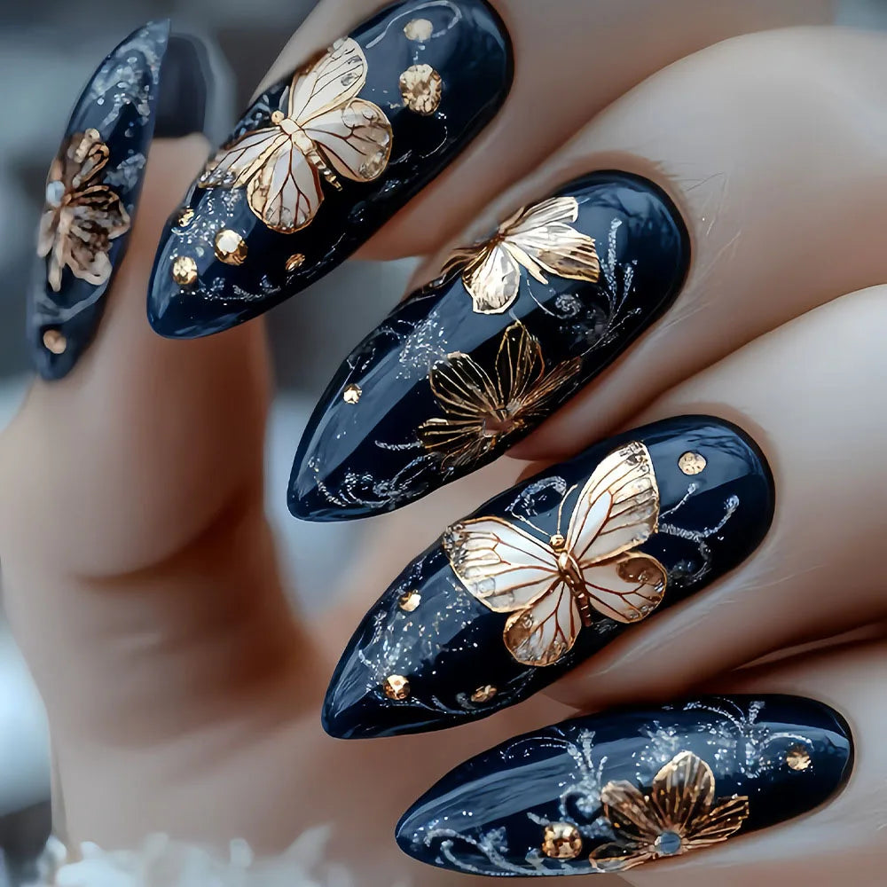 Medium Square Almond Shaped Wearable Fake Nails Autumn Winter Black Golden Purple Green Butterfly Flower tips press on nails