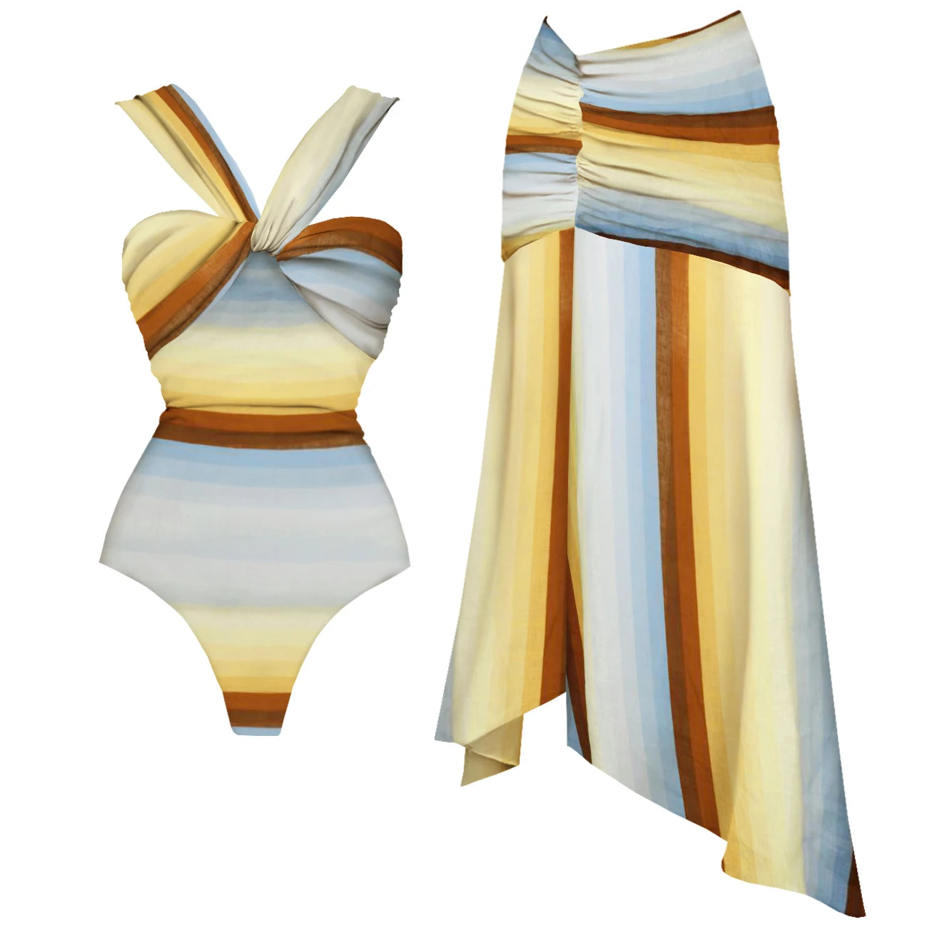 2Pcs Striped Swimsuit With Long Skirt Sexy Women Bikini Push Up Swimwear Halter Biquini Female Bathing Suit Slimming Beachwear