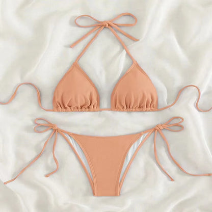 Bikini three-point swimsuit sexy drawstring strap halter bikini solid color lace-up split swimsuit