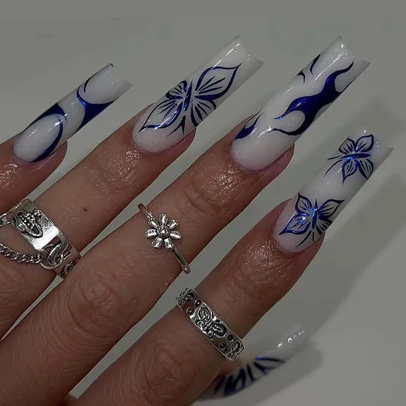 24pcs Press on Nails Flower Design Mid-length Ballet False Nail Fashion Brown Full Cover Manicure Tips Datachable Fake Nails Set