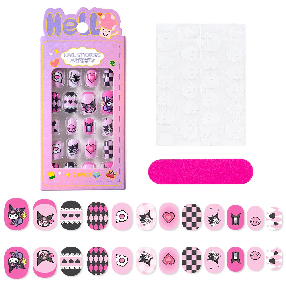 12pcs Kids 3D Stereo Sanrio Fake Nails Patch Sweet Girls Cute Cartoon Hello Kitty press on nails Kuromi Child Wearable FalseNail