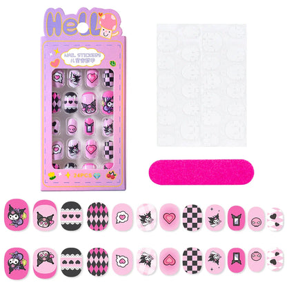 12pcs Kids 3D Stereo Sanrio Fake Nails Patch Sweet Girls Cute Cartoon Hello Kitty press on nails Kuromi Child Wearable FalseNail