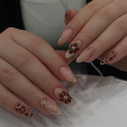 24pcs French Almond Press on Nails Flower False Nails Wearable Stick-on Nails Fake Nail Uñas Postizas Mujer Накладные Ногти 네일팁