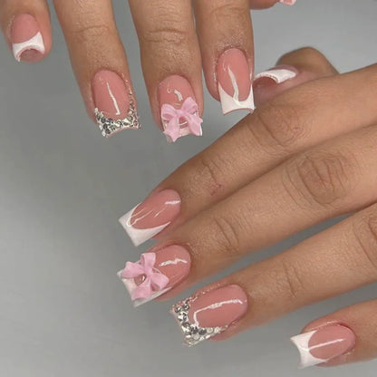 24Pcs Elegant Black Almond Press-On Nail With Pearl Heart&Bow Accents-Glossy Finish Short Length Removable False Nails For Women