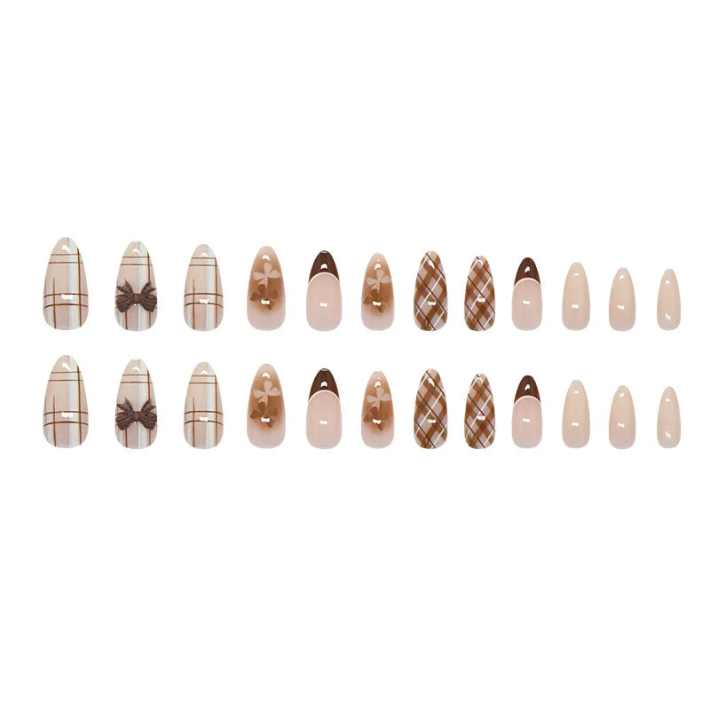 24Pcs Brown Plaid Press on Nails French Bow Spring False Nail Medium Almond Fashion Atmosphere Wearable Nail for Women&Girl