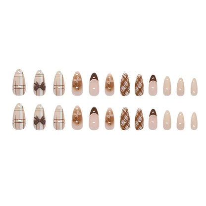 24Pcs Brown Plaid Press on Nails French Bow Spring False Nail Medium Almond Fashion Atmosphere Wearable Nail for Women&Girl
