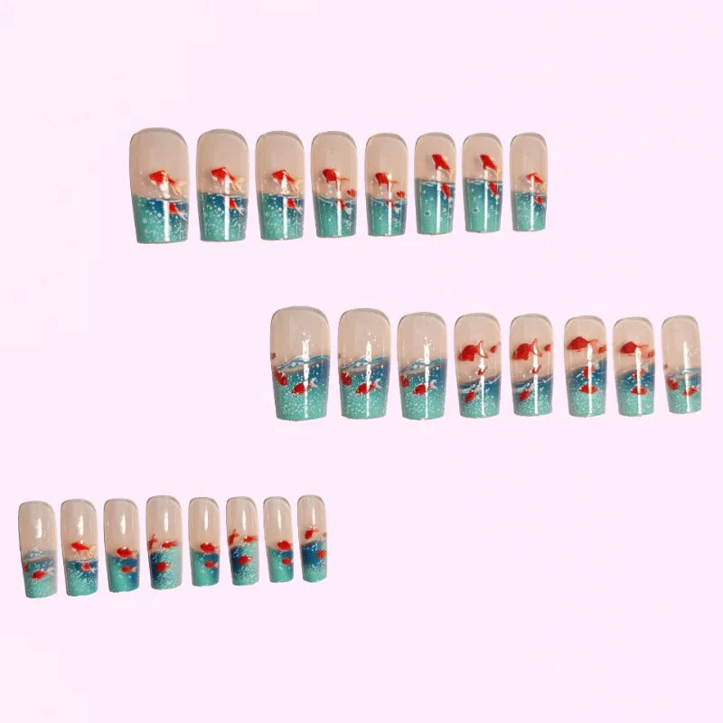 24pcs Square Stick-on Nails Set Goldfish Nail Tips Cheap Nail Seal Summer Beautiful false Nails Wholesale Holiday Press on Nails