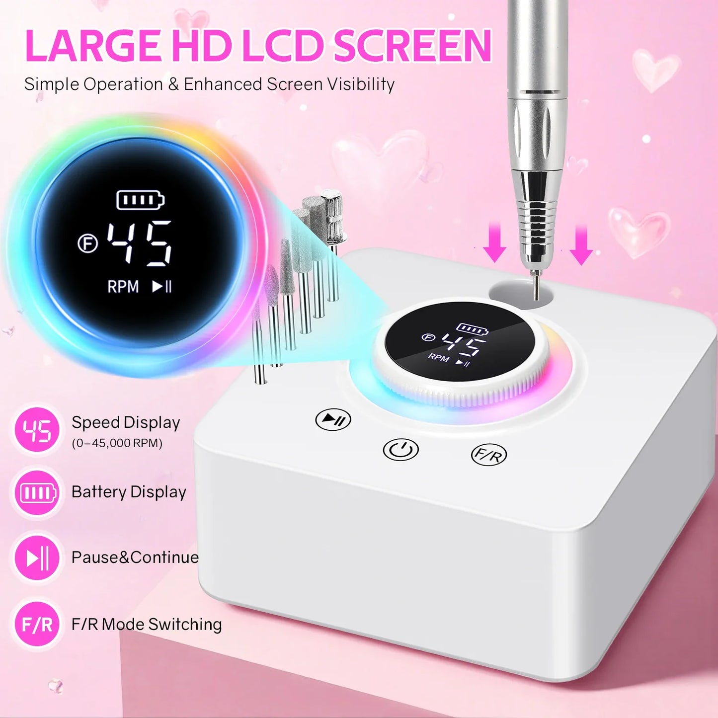 DianaBeauty 45000RPM Rechargeable Nail Drill Machine Nail Polish Polisher Electric Manicure Sander Low Noise Nail Salon Tools
