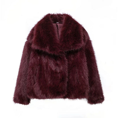 KONDALA 2025 Fall Winter Casual Faux Fur Brown Women Warm Jackets Streetwear Turn Down Collar Christmas Oversized Elegant Coats