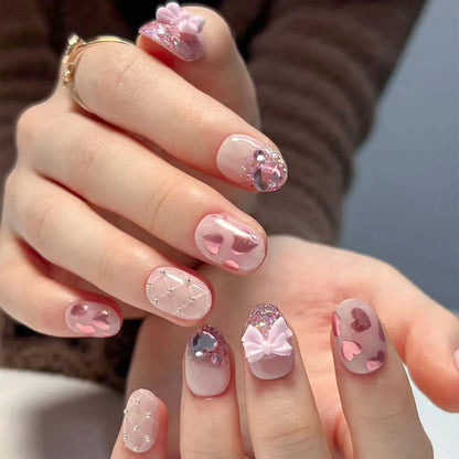 24pcs Pink Fake Nail Patch Sweet Korean Style False Nails Full Cover Wear White Bow Decortive Press on Nails for Girls Women