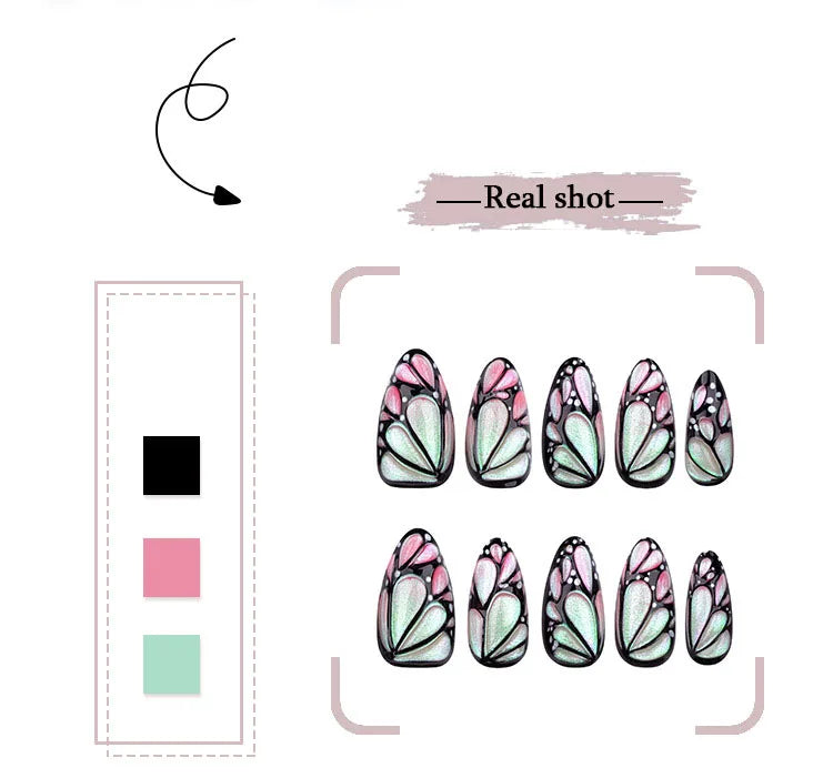 3D Butterfly Almond Nail Art Fashion Green Pearlescent Powder False Nails Detachable Finished Fake Nails Press on Nail with Glue