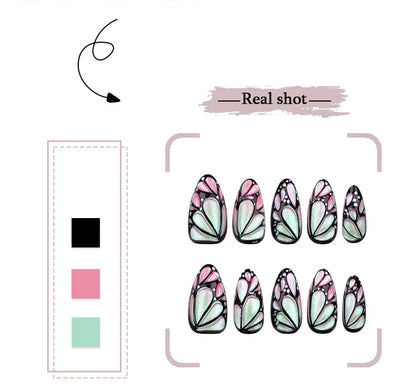 3D Butterfly Almond Nail Art Fashion Green Pearlescent Powder False Nails Detachable Finished Fake Nails Press on Nail with Glue