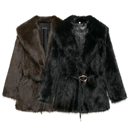 Women's Belt Decoration Collar Solid Color Medium Long Coat Autumn/Winter New Long Sleeve Loose Coat