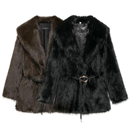 Women's Belt Decoration Collar Solid Color Medium Long Coat Autumn/Winter New Long Sleeve Loose Coat