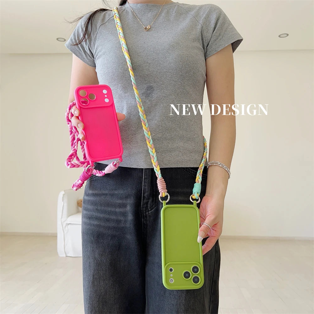 Crossbody Cord Rope Lanyard Necklace Case For iPhone 17 16 14 11 12 13 15 Pro Max Plus Air XS XR Shockproof Soft Silicone Cover