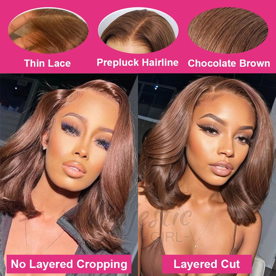 250 Density Chocolate 9x6 Glueless Wig Human Hair Ready To Wear Brazilian Caramel Brown Colored Layer Cut Short Bob Pre Cut Lace
