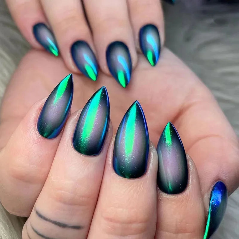 24pcs Wearable Full Cover Nail Mid-length Almond Press on Nails Set Spring Summer Green Cat's Eye False Nails Finished Fake Nail