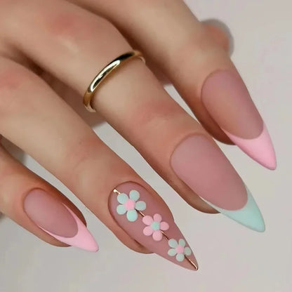 24Pcs Black Almond False Nails with Glue Wearable Long Stiletto Fake Nails Gold Foil Flash Design Full Cover Press on Nail Tips