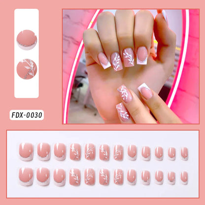 24Pcs Bow Pearl Press on Fake Nails Nude Pink Almond French Stick on False Nail Korean Sweet Girls Wearable Press on Nail + TOOL