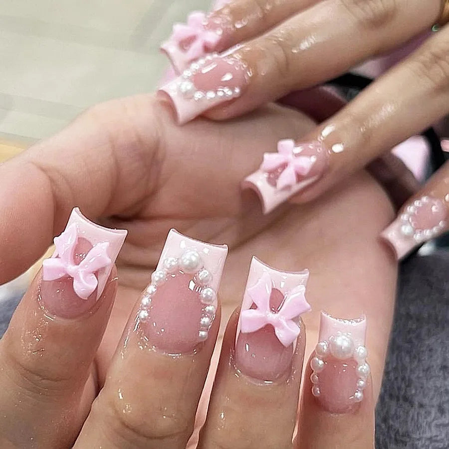 24Pcs Brown Plaid Press on Nails French Bow Spring False Nail Medium Almond Fashion Atmosphere Wearable Nail for Women&Girl