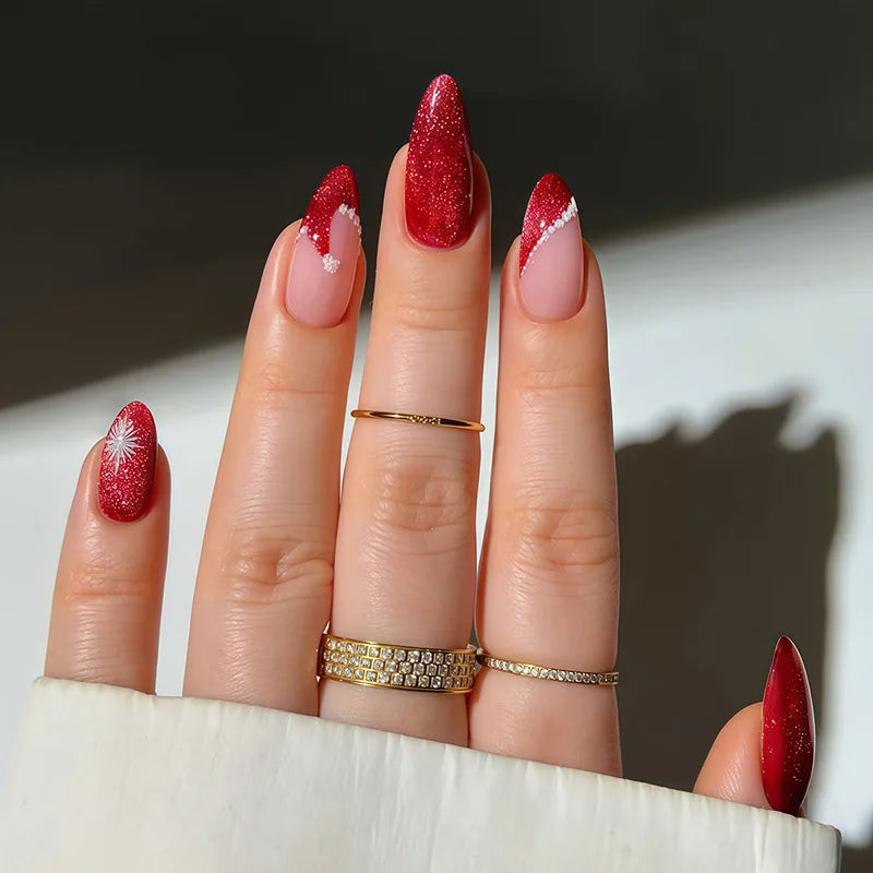 24pcs Christmas Snowflake Almond False Nails Art Wearable Glitter Red Full Cover Nail Tip with Stripe Design Press on Fake Nails