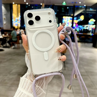 Crossbody Lanyard Necklace Rope Clear Case For iPhone 13 14 Plus 15 16 17 Pro Max For Magsafe Magnetic Wireless Charging Cover