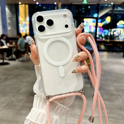 Crossbody Lanyard Necklace Rope Clear Case For iPhone 13 14 Plus 15 16 17 Pro Max For Magsafe Magnetic Wireless Charging Cover