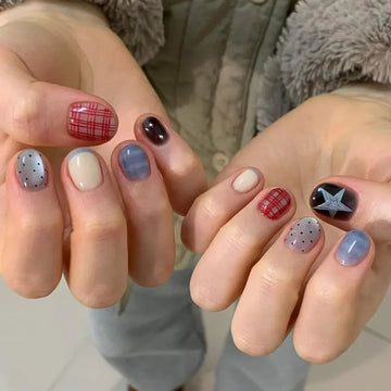 10pcs Short Oval Shaped Press-On Nails - Color Block Stripes & Star Designs Glossy Mix-and-Match False Nails for Women and Girls