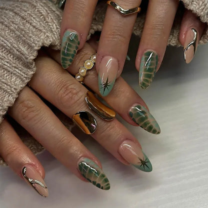 24Pcs False Nails Spicy Girl Silver Bow with Diamond Fake Nails with Glue Almond Press on Nails Black Cool Y2k Almond Nail Set