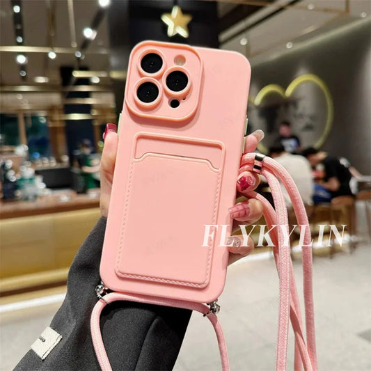 Flat Rope Solid Color Card Bag Phone Case For Xiaomi Redmi Note 14 13 12 Pro 11 10 Pro Plus 11S 10S Hanging Rope Soft Silicone