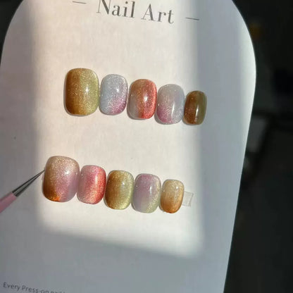10Pcs Short Handmade Light Green Press On Nails Cat Eyes Pure Ballerina Decoration Wearable False Nails Full Cover Nail Tips Art