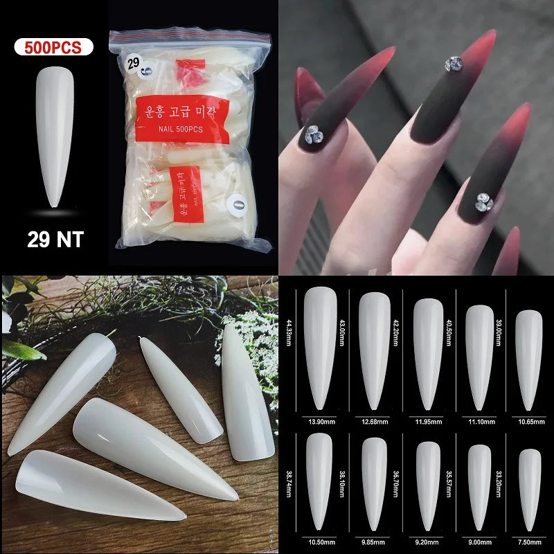 Super Long Sharp Nail Tips Fake Natural Transparent False Nails Durable Extension Acrylic UV Gel Manicure Salon Tools Supplies