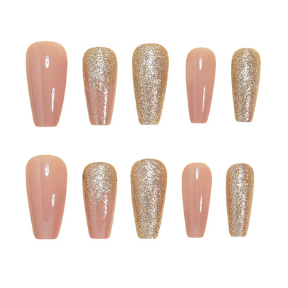 Short Medium long fake nails for women golden green pink blue sparkling glitter french tips ballet square almond press on nails