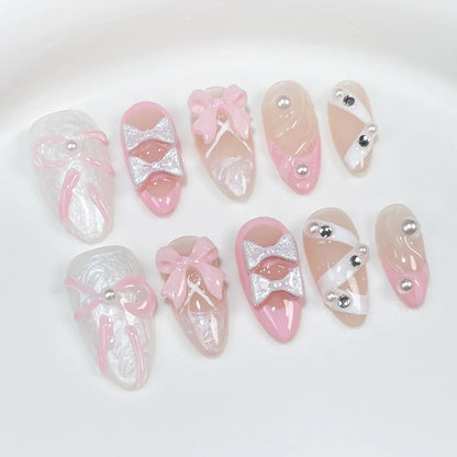 10pcs Black French False Nails Bowknots Designed Handmade Press On Nail Glossy Short Almond Wearable Fake Nail Patches Salon Art